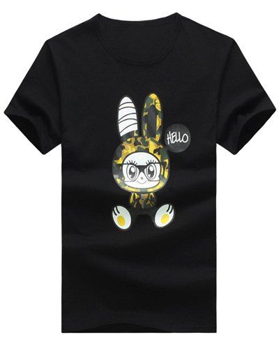 T-shirt de lapin de bande dessinée imprimé col rond manches courtes hommes - Noir XL