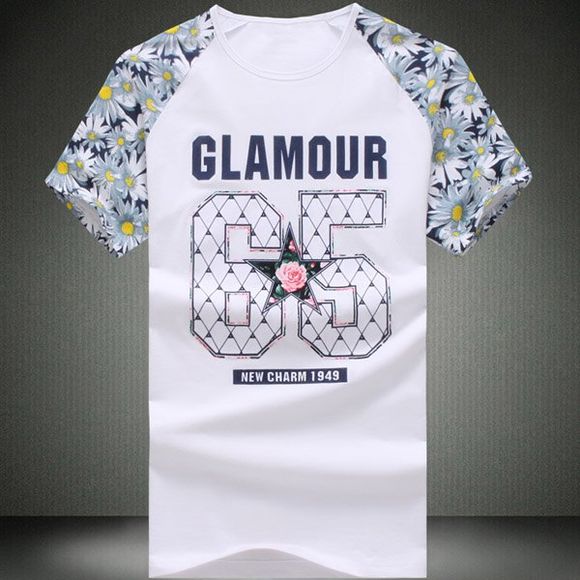 T-shirt Motif rond Nombre de cou imprimé floral épissage manches courtes hommes - Blanc XL