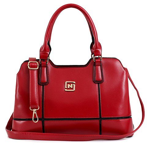 Trendy Plaid and PU Leather Design Tote Bag For Women - Rouge vineux 
