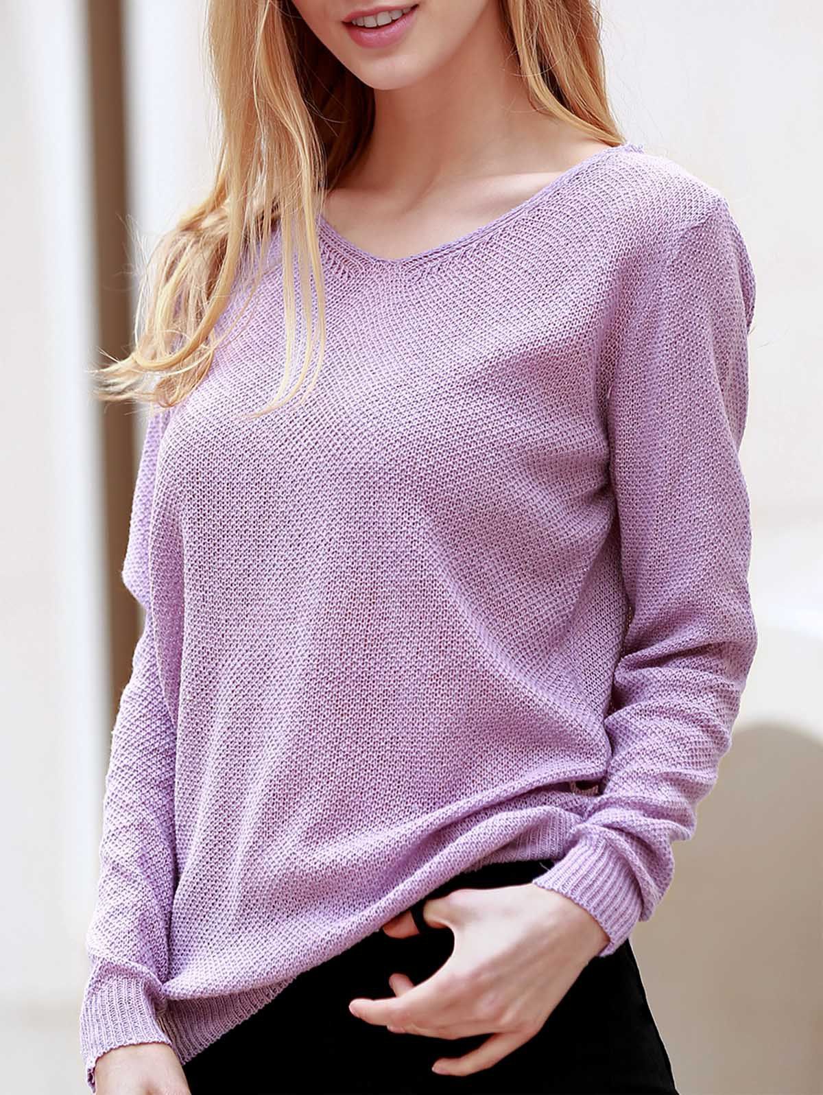 

Loose V Neck Knit Sweater, Purple