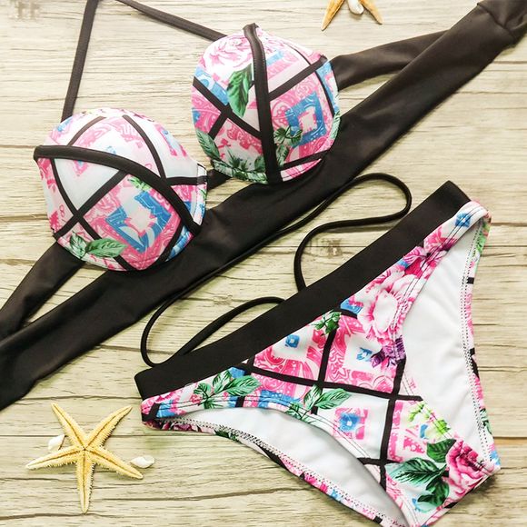 Bikini Sexy Halter Floral Print Underwire Triangle Femmes - Noir et Rose S