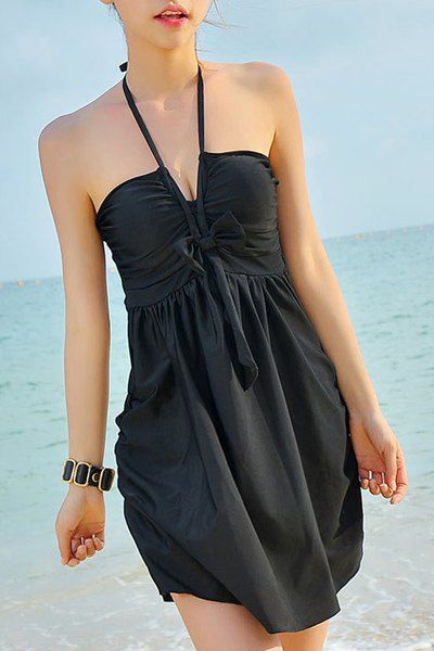 

Stylish Women's Halter Bowknot Cover Dress + Boxers Swimsuit, Black