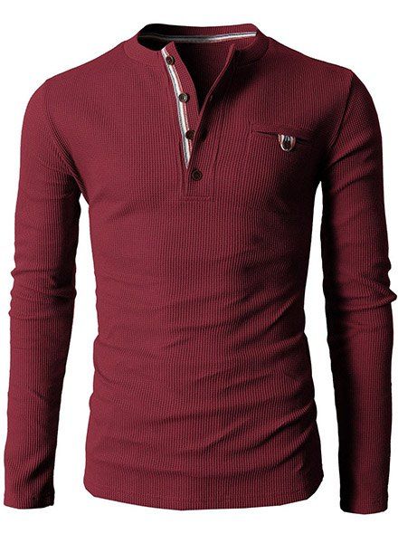 Simple Round Neck Exquisite Button Design Long Sleeve Men's T-Shirt - Rouge vineux M