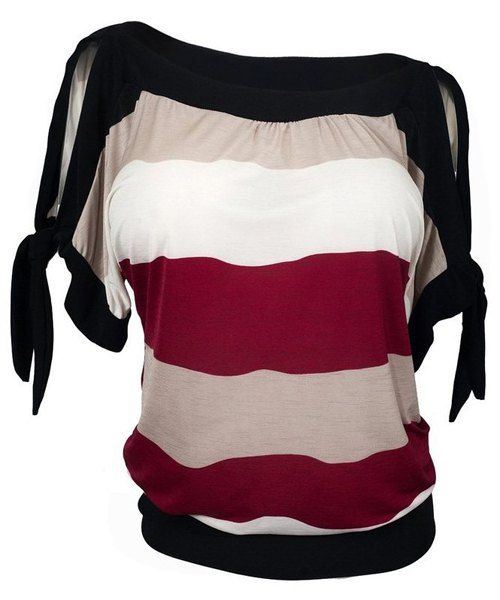 Plus Size T-Shirt Casual Color Block femme à manches courtes - Rouge vineux XL