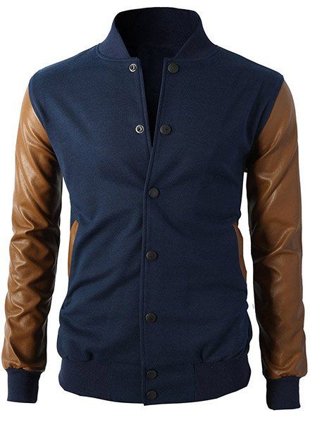 Stand Collar PU-Leather Spliced Long Sleeve Men's Jacket - Bleu Saphir XL