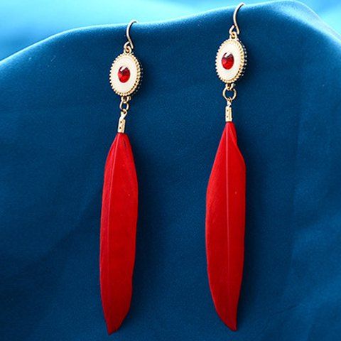Paire de boucles d'oreilles plumes Trendy strass style long pour les femmes - Rouge 