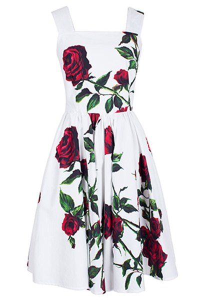 Vintage Sleeveless Square Neck Floral Print Women's Dress - Blanc XS