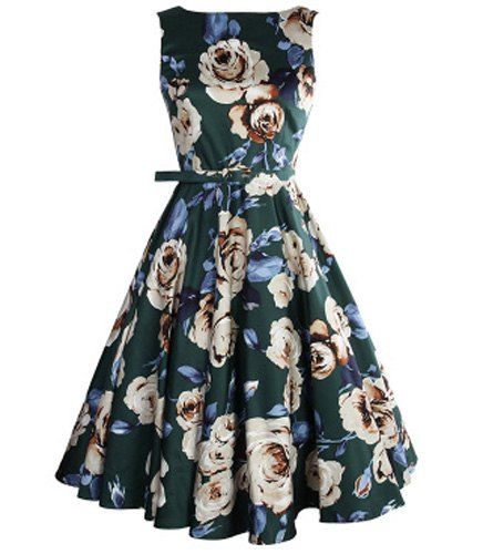 Vintage Sleeveless High Waist Floral Print Pleated Dress For Women - vert foncé XS