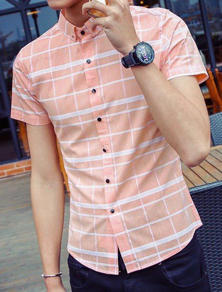 Turn-Down Collar Plaid Imprimer T-shirt Bouton-bas de manches courtes hommes - Orange XL