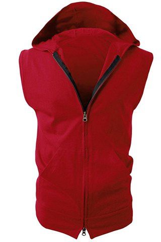 Trendy Hooded Solid Color Front Pocket Sleeveless Men's Waistcoat - Rouge M