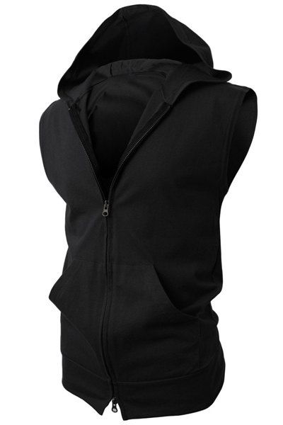 Trendy Hooded Solid Color Front Pocket Sleeveless Men's Waistcoat - Noir L