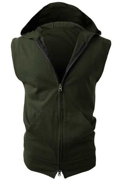 

Trendy Hooded Solid Color Front Pocket Sleeveless Men's Waistcoat, Army green