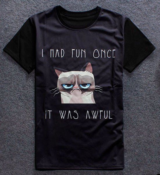 T-shirt drôle 3D Cartoon Cat Imprimer col rond manches courtes hommes - Noir L