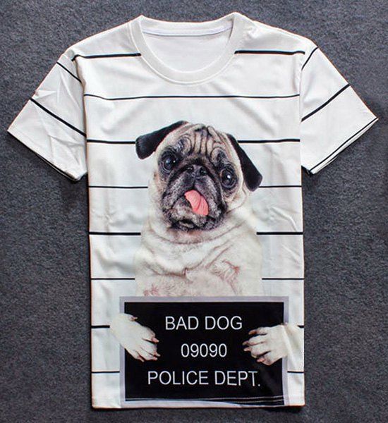 Round Neck 3D Dog Print Short Sleeves Men's Striped T-Shirt - Rayure S