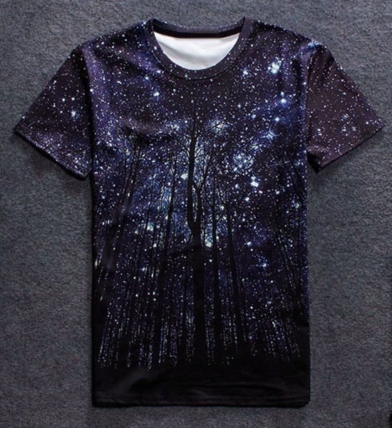 Manches courtes Vogue col rond 3D Starry Sky Arbre d'impression T-shirt - multicolore L