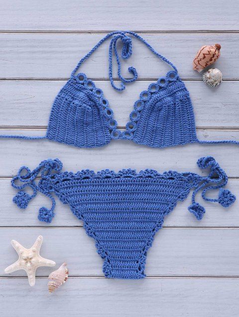 2018 Sexy Women's Halterneck Crochet Solid Color Bikini Set ROYAL BLUE ...