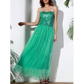 

Alluring Strapless Sleeveless Sequined Spliced Sparkly Maxi Dress, Green