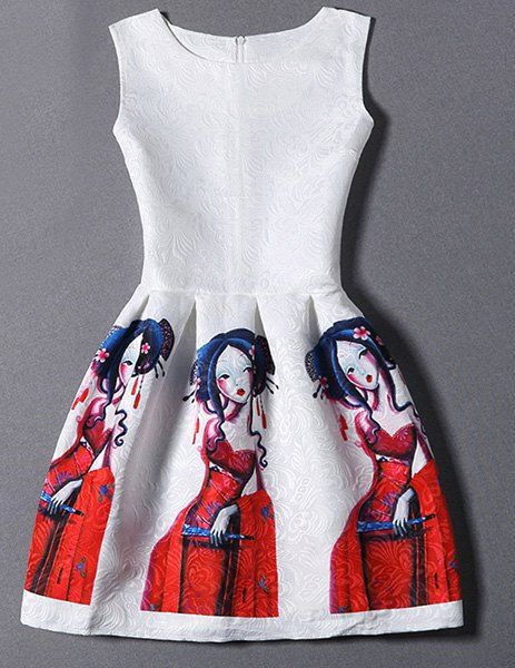 Robe Elégante Figure Imprimée Sans Manches à Col Rond pour Femme - Blanc XL