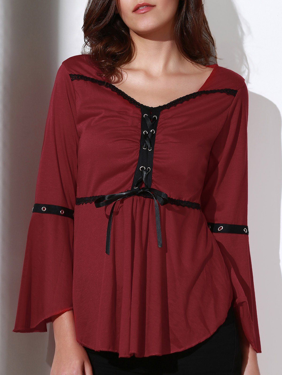 

Stylish Sweetheart Neck 3/4 Sleeve Spliced Lace-Up Women's Blouse, Red