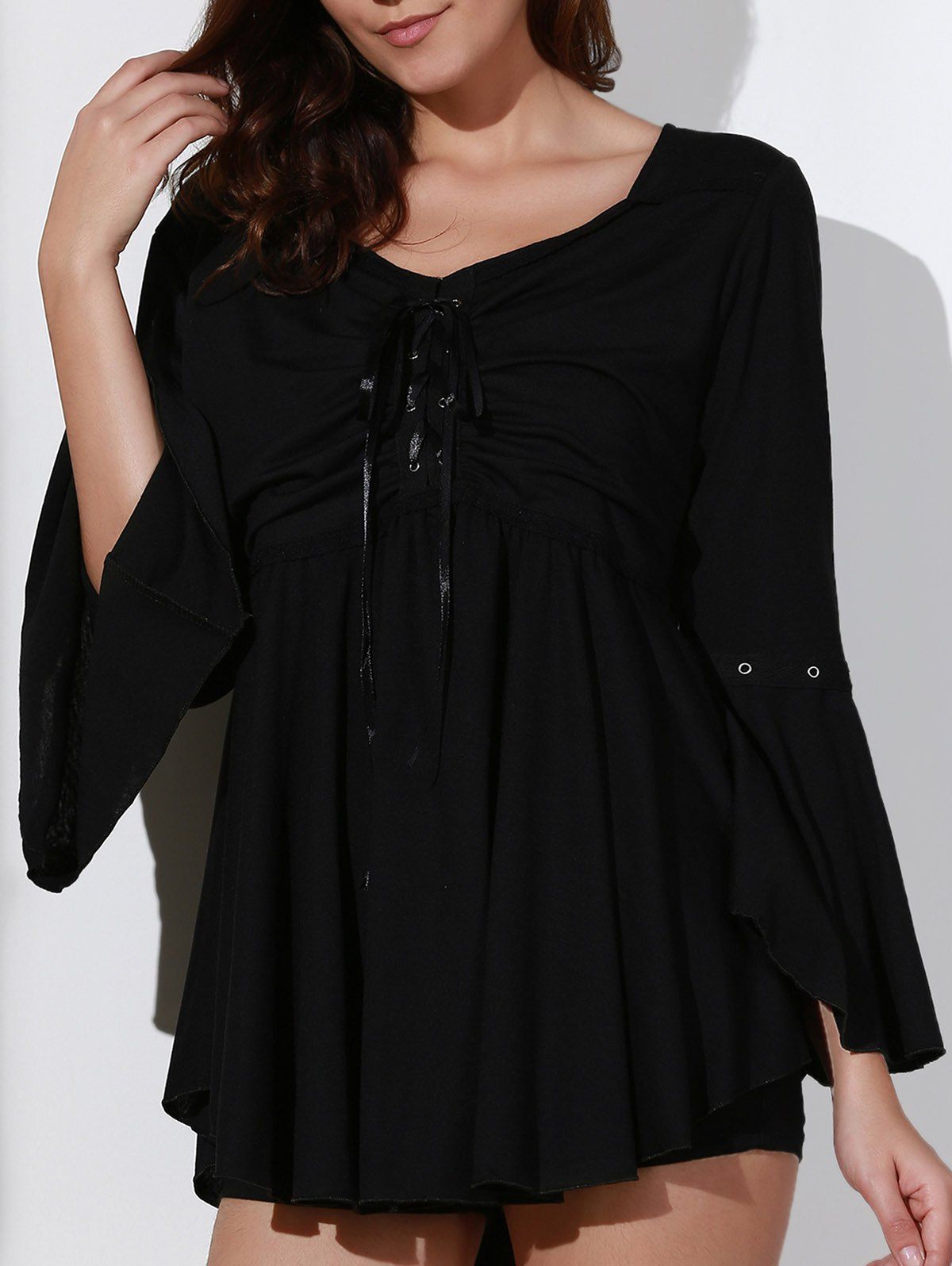 

Stylish Sweetheart Neck 3/4 Sleeve Spliced Lace-Up Women's Blouse, Black