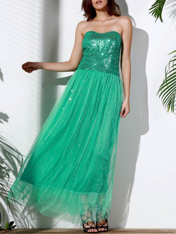 Alluring Strapless Sleeveless Sequined Spliced Sparkly Maxi Dress - GREEN L
