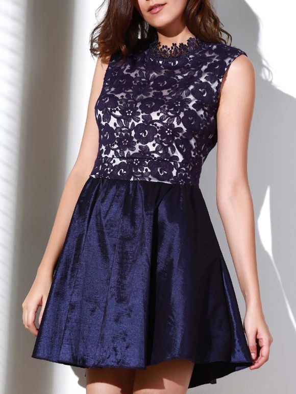 Noble Solid Color Stand Collar Hollow Out See-Through Ball Gown Dress For Women - PURPLISH BLUE L