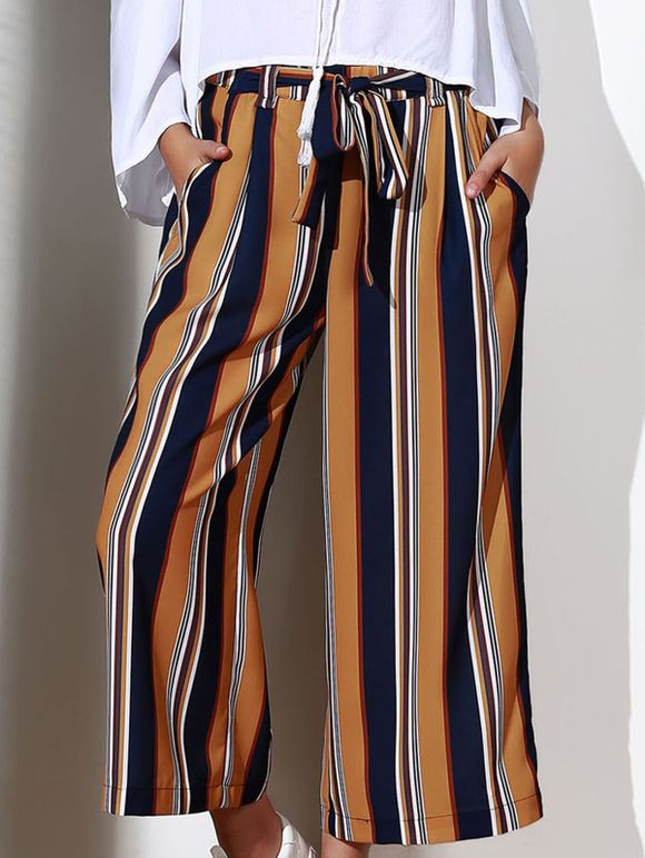 Pantalon Pantacourt de Chic taille haute poche design rayé femme - Curcumae S