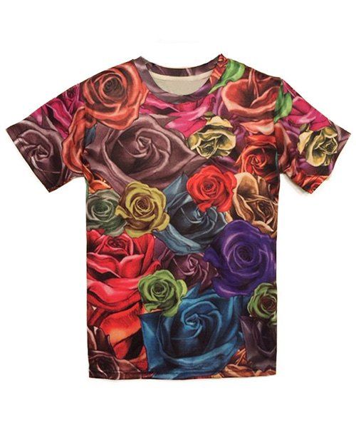 Stylish Round Neck 3D Rose Print Men's Short Sleeves T-Shirt - multicolore S
