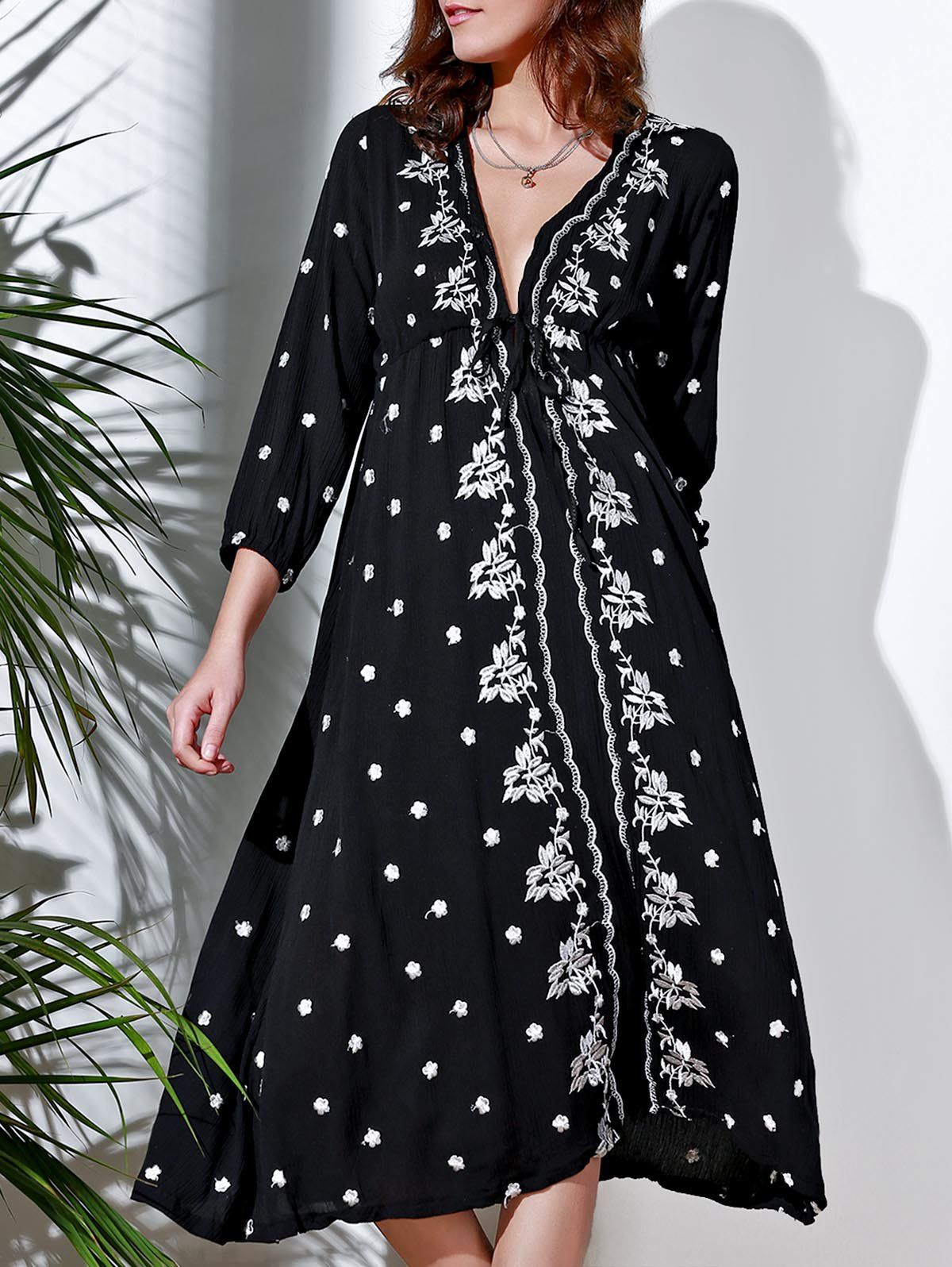 

Refreshing Embroidered Plunging Neck 3/4 Sleeve Midi Dress For Women, Black