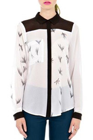 

Stylish Long Sleeve Print See-Through Shirt For Women, White