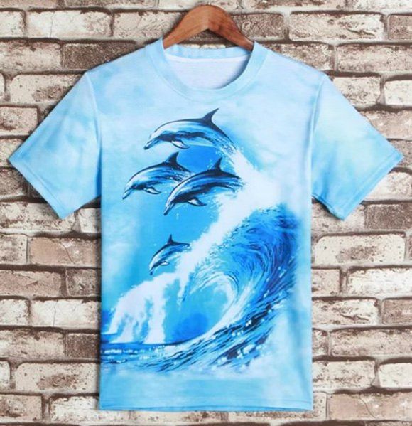 Manches courtes Trendy col rond 3D Dolphin Imprimer T-shirt - Bleu clair L