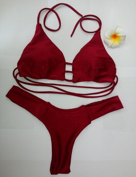 Sexy Halter haut Couper Vin rouge Triangle Bikini pour les femmes - Rouge vineux S