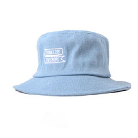 Chic Letters Embroidery Flat Top Denim Fabric Women's Bucket Hat - Bleu clair 