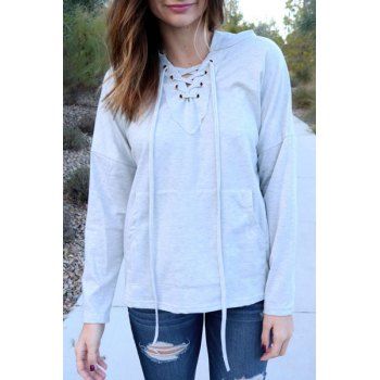 Stylish Long Sleeve Hooded Solid Color Lace-Up Women's Pullover Hoodie