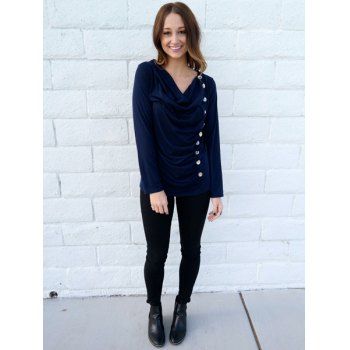 

Cowl Neck Long Sleeve With Button Blouse For Women, Deep blue