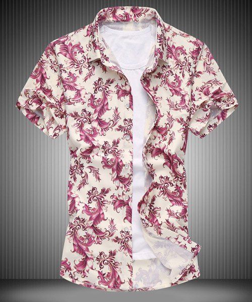 Plus Size Turn-down Collar Floral Print Men's Short Sleeves Shirt - Rouge L