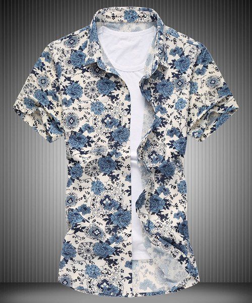 Flower Print Turn-down Collar Short Sleeves Men's Plus Size Shirt - multicolore M