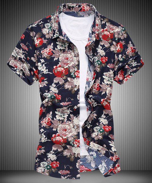 Turn-down Modish Plus Size Collar Flower Print Men manches courtes T-shirt - multicolore M