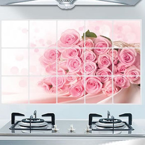 Élégant Rose Motif résistant à la chaleur Autocollants Cuisine Décoration murale - Rose 