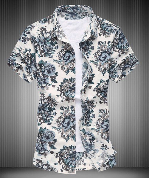 Plus Size Rose Print Turn-down col shirt manches courtes hommes - Gris 2XL