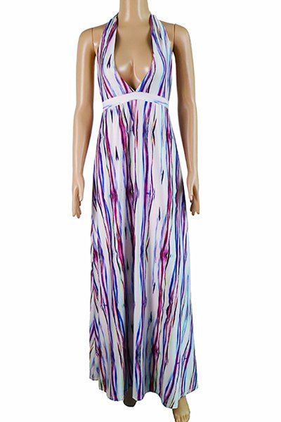 

Sexy Plunging Neck Halter Striped Women's Maxi Dress, Stripe