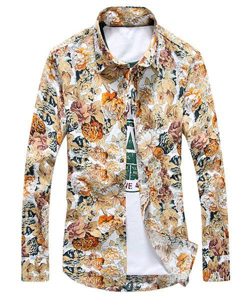 Flower Print Slimming Turn-down Collar Full Sleeves Men's Shirt - multicolore M