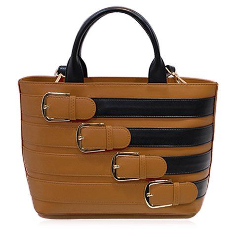 Stylish Color Block and Buckles Design Women's Tote Bag - Brun 