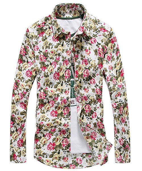 Color Block Flower Collar Print Turn-down shirt manches longues hommes - Rouge M