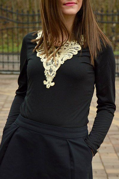 Mode V-Neck Lacework épissage manches longues T-shirt pour femme - Noir XL