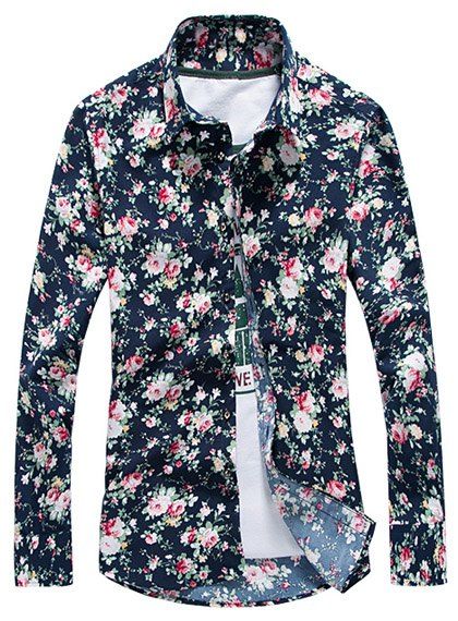 Slim Fit Shirt Color Block imprimé fleurs col de chemise manches longues hommes - multicolore 2XL