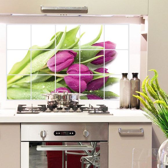 Motif de tulipe amovible élégant résistant à la chaleur Autocollants Cuisine Décoration murale - Pourpre 
