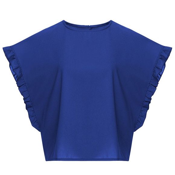 Mousseline de soie de style Jewel Neck Batwing Sleeve Ruffled T-Shirt - Bleu profond XL