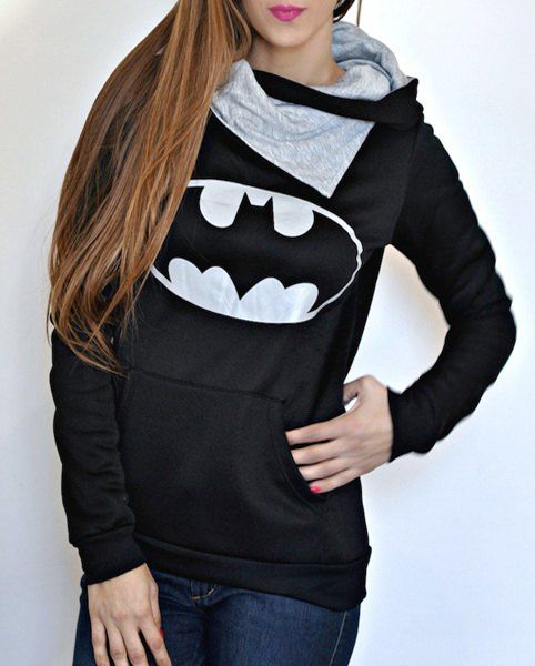 

Chic Hooded Long Sleeves Printed Pocket Design Women's Hoodie, Black