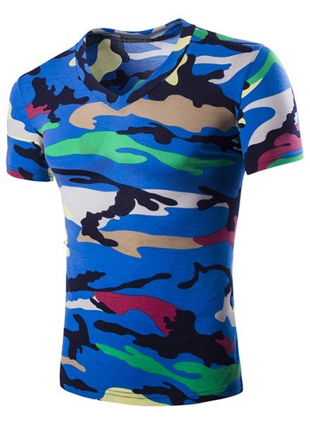 T-shirt Hommes Camouflage Coupe Ample Manches Courtes Col En V - Bleu M